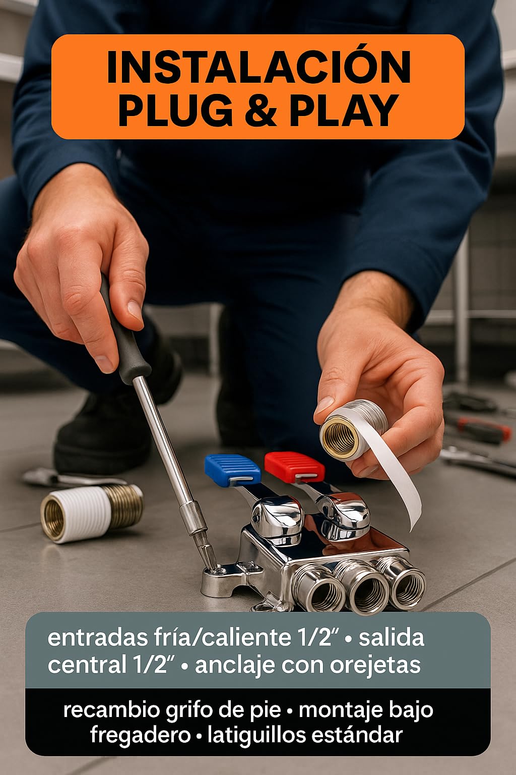 RO Linea Blanca ® Grifo Pedal Doble Mezclador Para Fregadero Agua Fria Y Caliente Acero Inoxidable Entradas Y Salida 1 2 Hembra Montaje En Suelo Bajo Fregadero Ahorro Agua Manos Libres Hosteleria