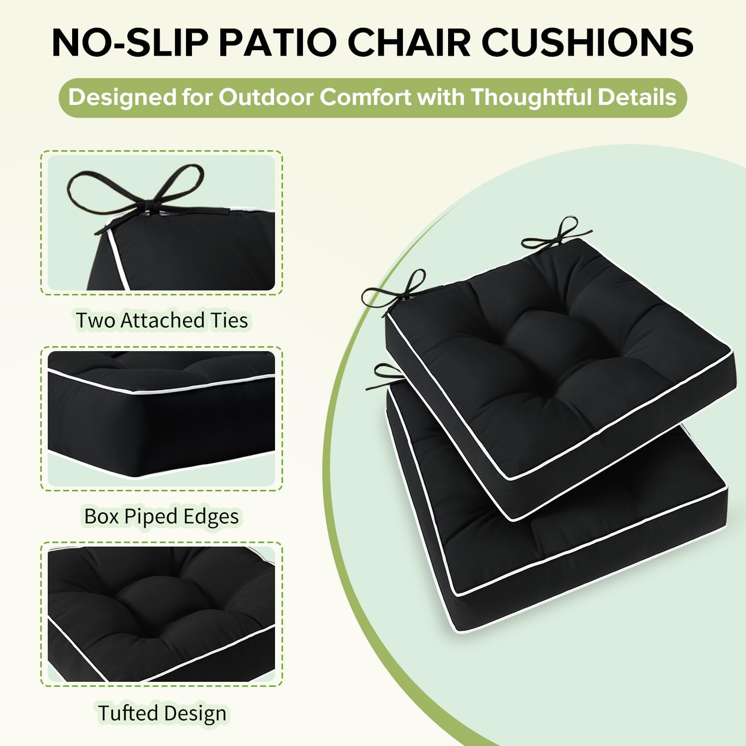 HARBOREST Outdoor Chair Cushions Set of 2, Tufted Patio Chair Cushions with Ties, Square Corner Outdoor Cushions for Patio Furniture, Lawn Chairs, Wicker Chairs, 19" x 19" x 5", Black