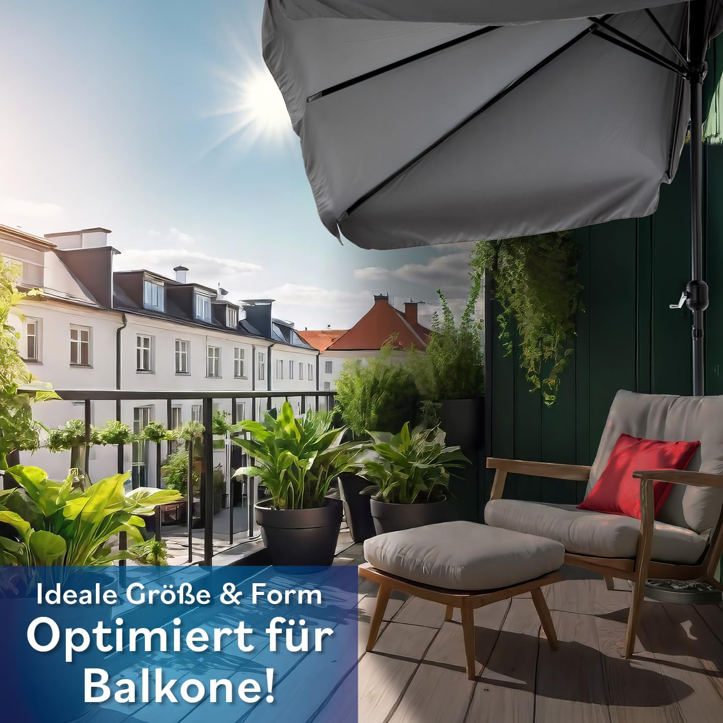 EASYmaxx Sonnenschirm rechteckig | 230 x 140 x 253 cm | für Balkon und Terrasse | passgenau für Wände | mit praktischer Handkurbel und Sonnenschutz UV-Schutz 40+ | spendet Schatten