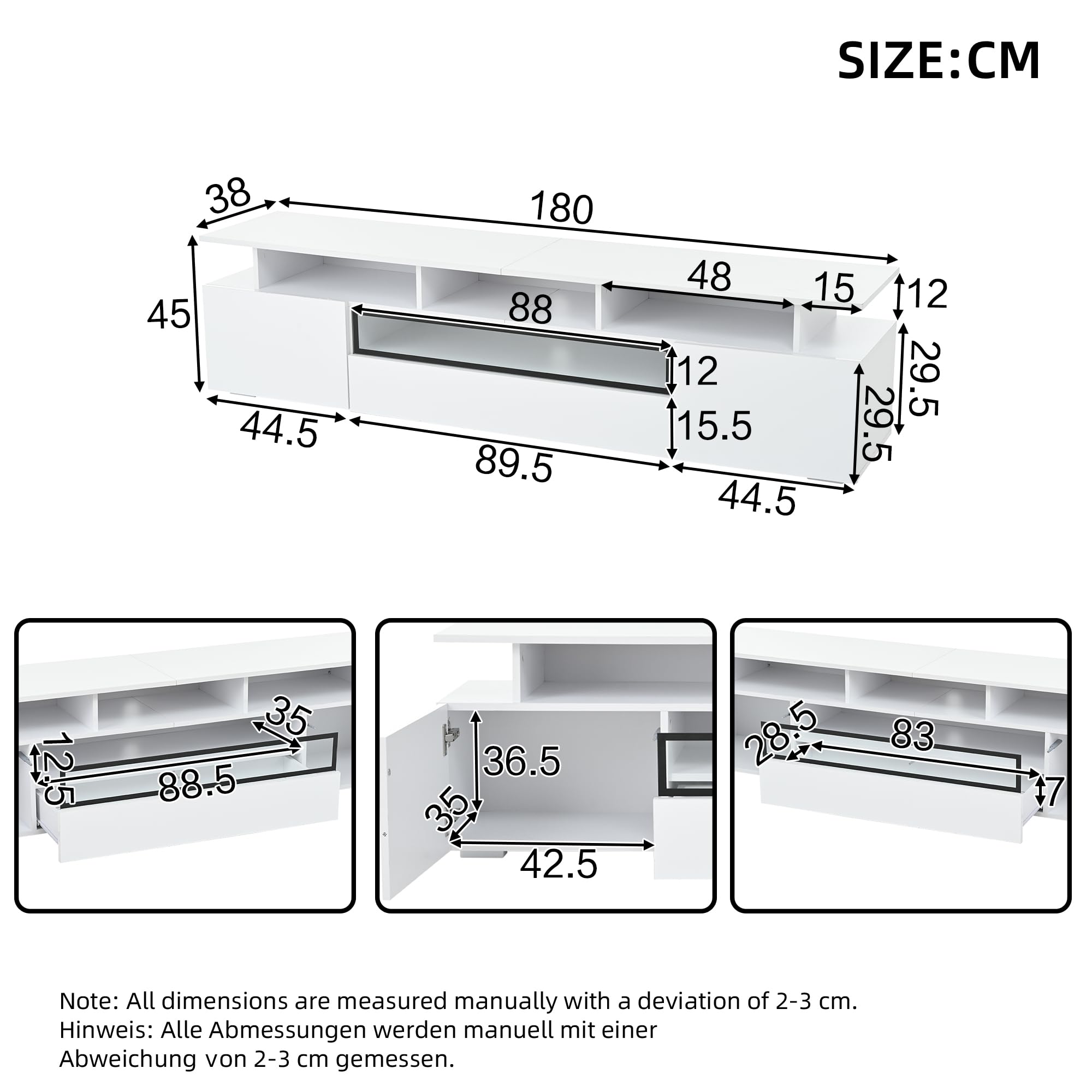 Mobile TV, 180 x 38 x 45 cm, con 2 armadi e 1 cassetto, basso con LED e 10 ripiani, adatto per TV da 75 pollici