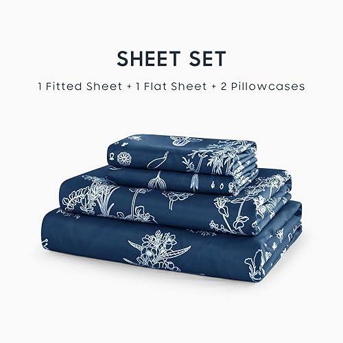 Miniatura 8 de Wake In Cloud - Juego de sábanas botánicas, flores negras y hojas con patrón de jardín floral impreso en blanco, ropa de cama de microfibra suave (4