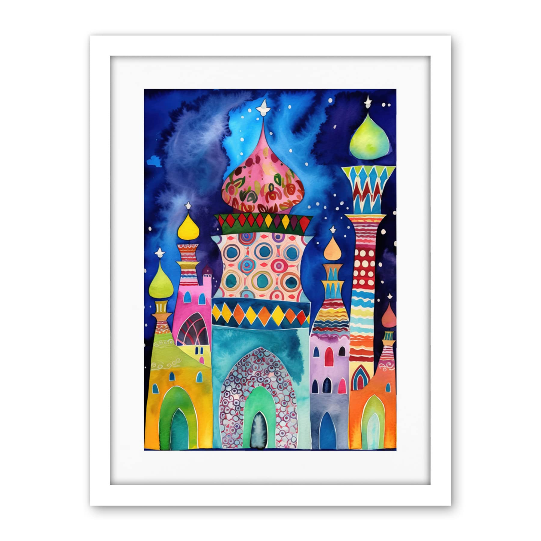 Artery8 Mosque At Midnight Folk Art Artwork Framed Wall Art Print 18X24 Inch