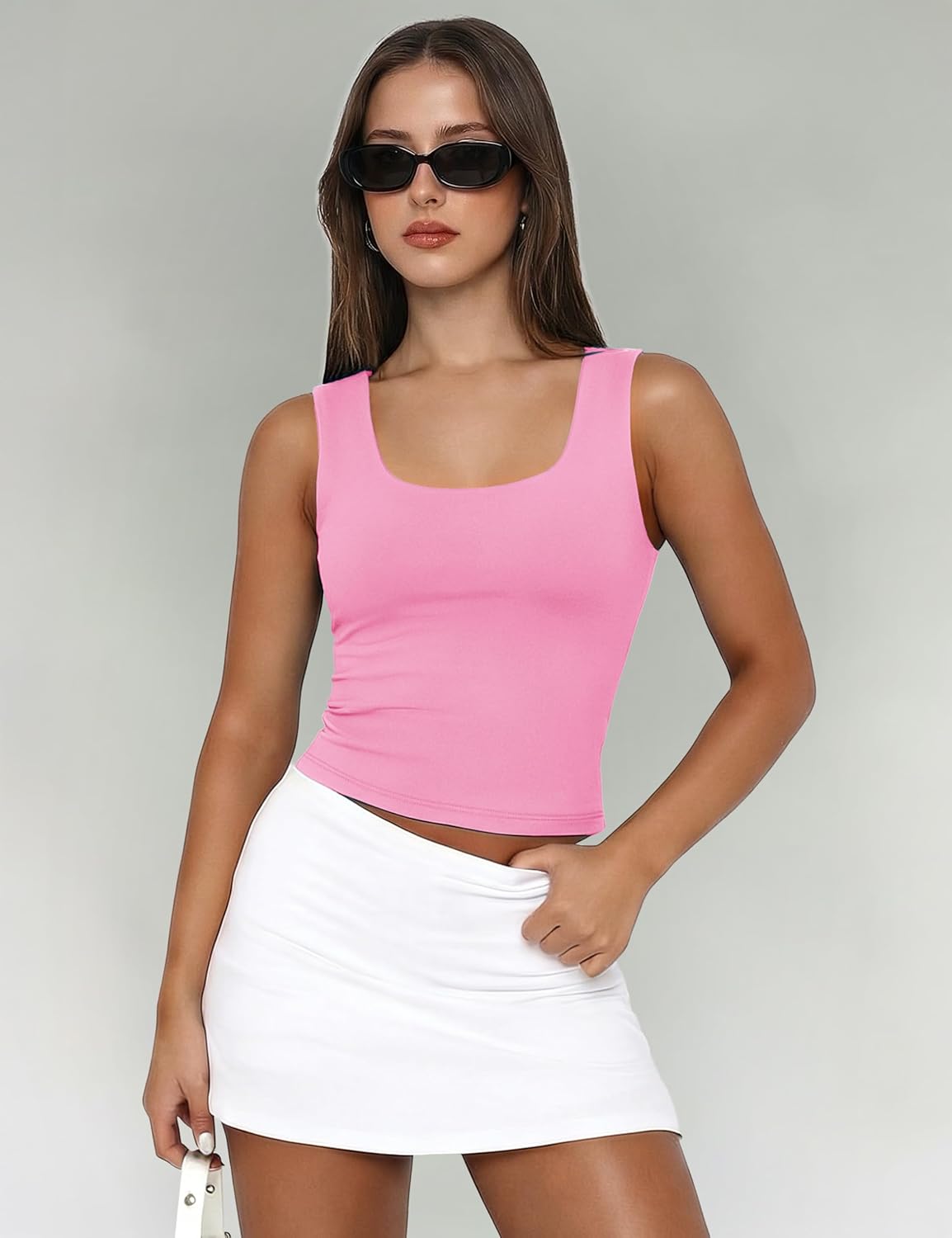 YUCOLEN Women's Double Lined Tank Top Fitted Scoop Neck Casual Basic Summer Tank Sleeveless Tops - Image 4