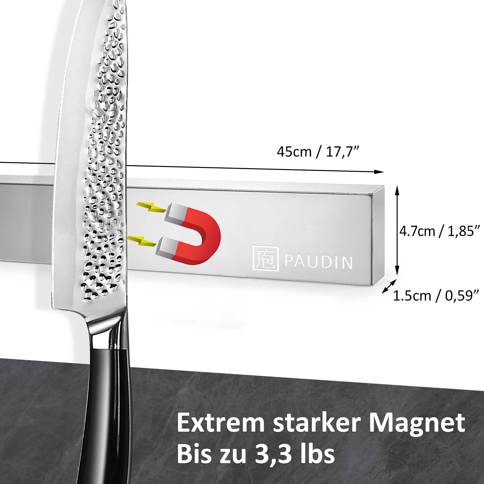 PAUDIN Magnetleiste Messer 45 cm Messerleiste magnetische Küchenmesserleiste aus Edelstahl mit extra starkem Magnet als Messerhalter für Wand Selbstklebend für Küchenutensilien oder Werkzeugen