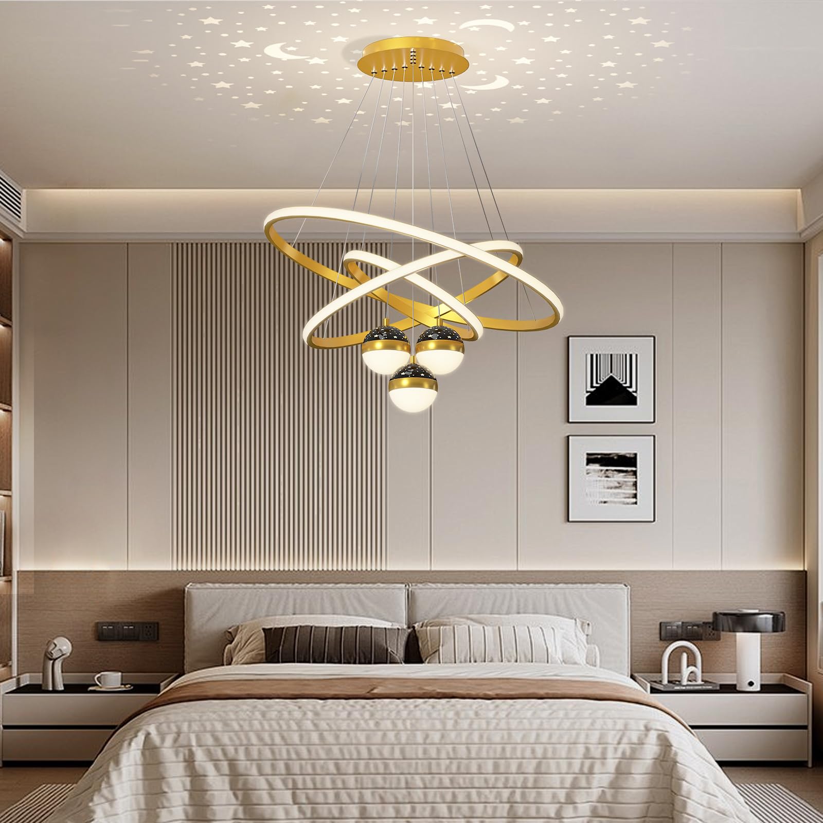 Żyrandole LED, lampa sufitowa, 3 złote lampy na wyspie kuchennej z pilotem zdalnego sterowania, lampa wisząca, 30 + 40 + 60 cm, nowoczesne lampy sufitowe z możliwością przyciemniania pamięci