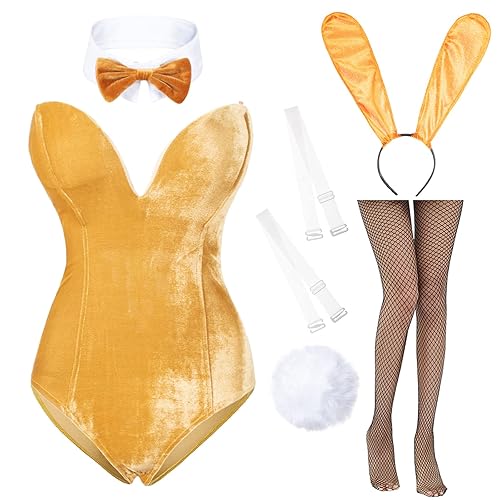 Anime Womens Bunny Girl Costume One Piece Bodysuit Halloween Cosplay Catsuit Bunny Headband Stockings Set - Medium - Gold