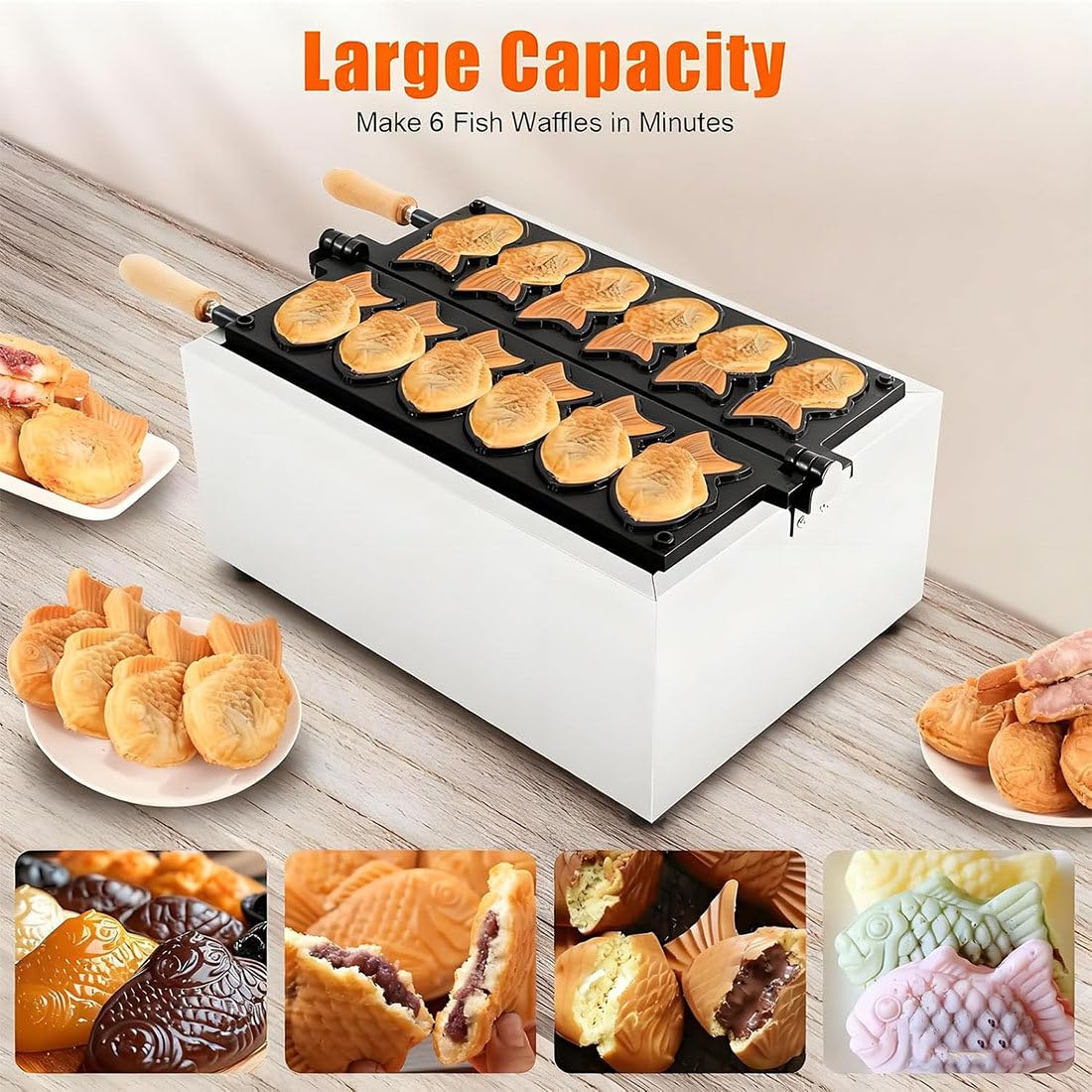 Máquina Eléctrica Taiyaki para Helado 3000w,con Diseño Doble Fila,6 Tablas Y Fuente para Hornear Teflón Antiadherente,Temperatura Ajustable 50 a 300 °c,180 ° Uniforme