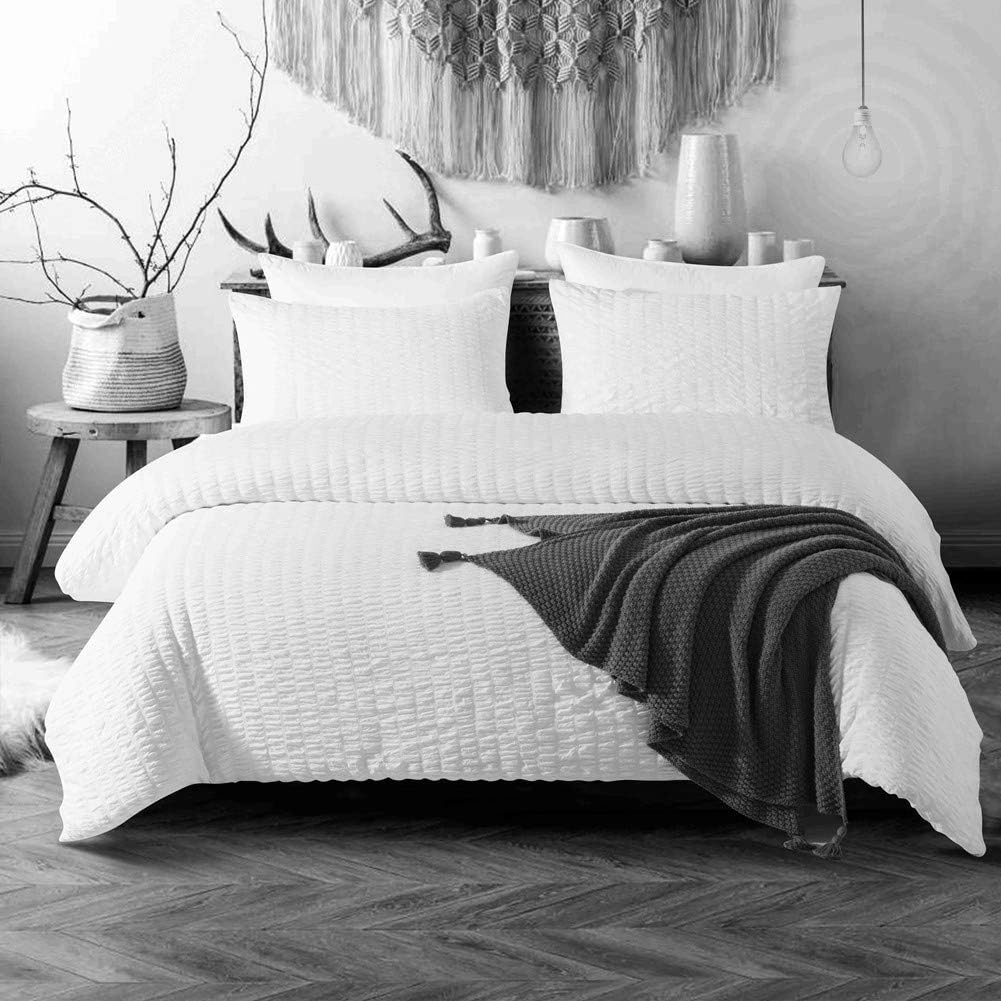 [hachette] SEERSUCKER DUVET COVER BEDDING BED SET WITH PILLOWCASES (White, Single)