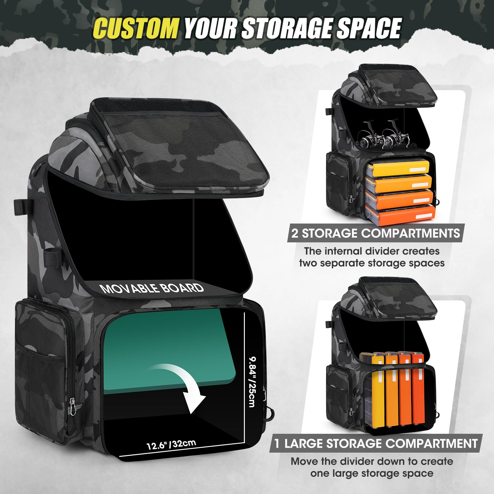 RAINSMORE Mochila de Pesca 45L con Soporte para Cañas y Funda de Lluvia, Impermeable Bolsa de Aparejos Gran Capacidad para Pescadores, Camuflaje