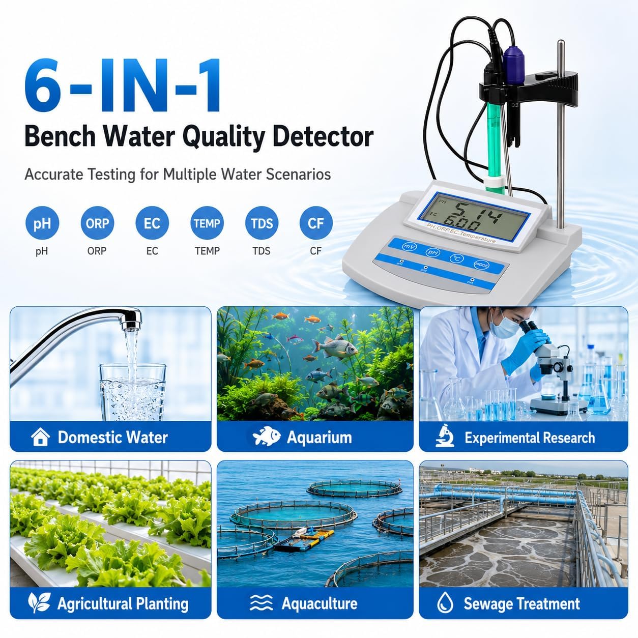 Kit de medidor de pH digital 6 en 1 con compensación de temperatura y almacenamiento de datos para acuario, laboratorio, granja y pesca