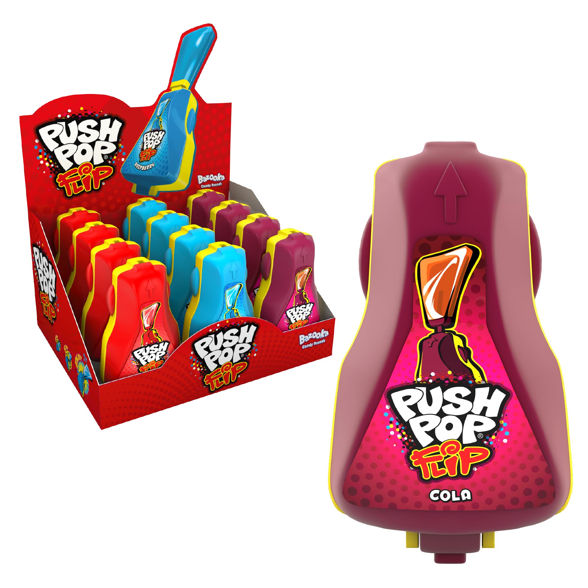 Push Pop Flip Lollipops (Pack of 12 Lollipop Sweets Bulk) Flip Open and Close, Tasty Kids Sweets for Party Bags, Strawberry, Raspberry & Cola Lollies - Halal Candy