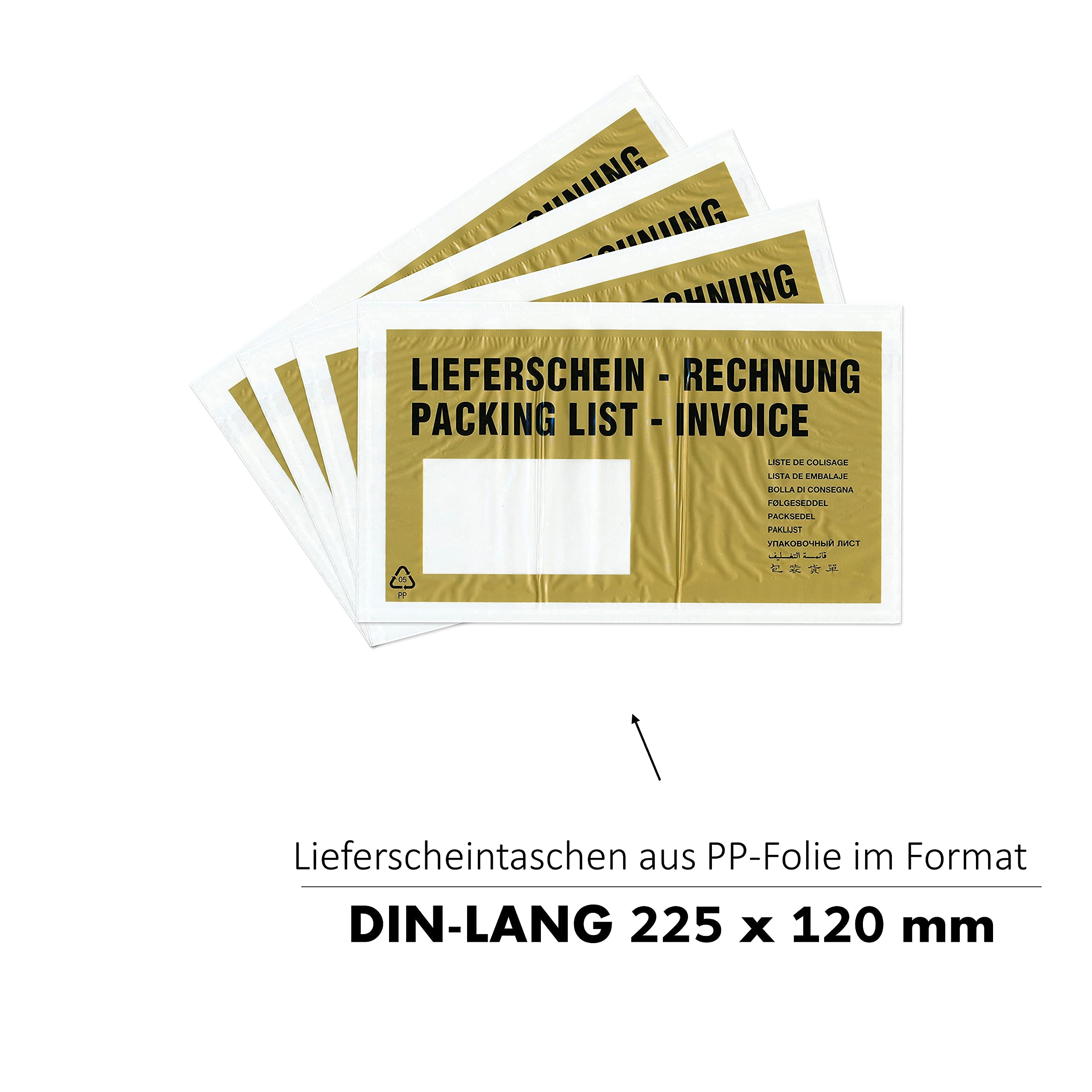 1.000 x Lieferscheintaschen 225 x 120 mm in DIN-LANG Gold "Lieferschein/Rechnung" inkl. 125 Page-Marker in 5 Farben - Dokumenten-Taschen selbstklebend - Begleitpapiertaschen für Versand