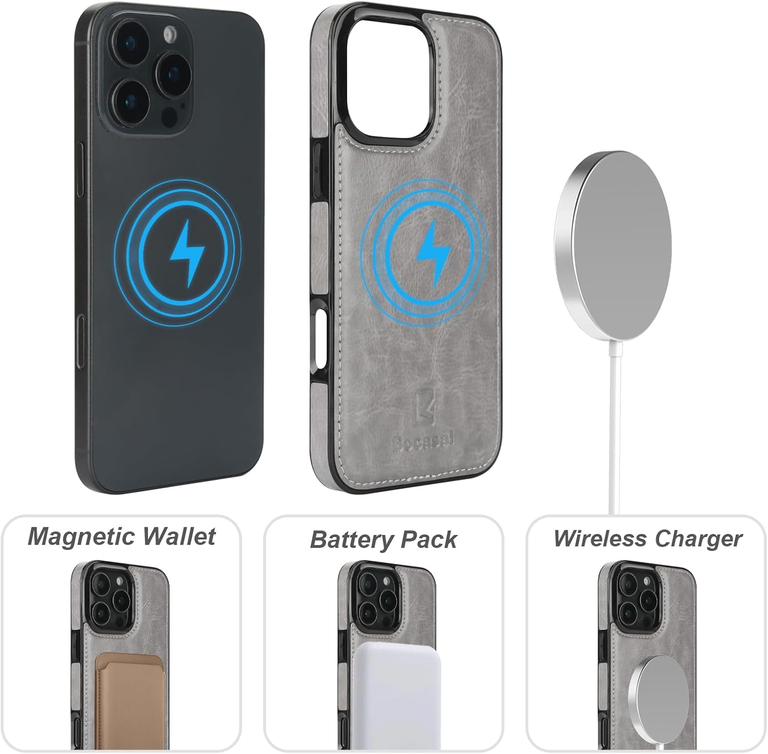 Bocasal for iPhone 16 Pro Max Wallet Case Compatible with MagSafe Wireless Charging, RFID Blocking Magnetic Leather Case with Card Slots Holder Kickstand Detachable Wrist Strap 6.9 Inch (Grey)