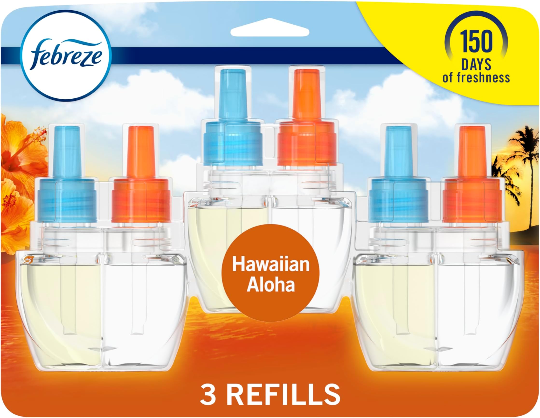 Febreze Plug In Air Freshener, Odor-Fighting Scented Oil Refill, Air Fresheners for Home and Bathroom and Kitchen, Long Lasting for Strong Odors, Hawaiian Aloha Scent, 0.87oz Refills, 3 Count