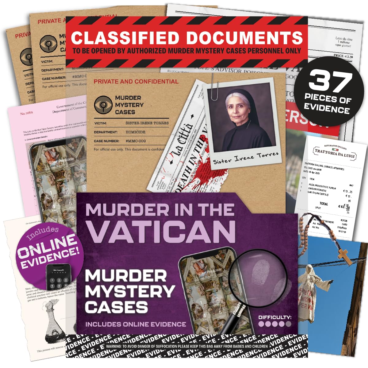 Lucky Egg MMC Death in The Vatican– Thrilling Murder Mystery Games for Adults Behind Vatican Walls – 40 Evidence Pieces, 150 Min Gameplay (3/5 Difficulty) – Cold Case Files Game for 1-10 Players