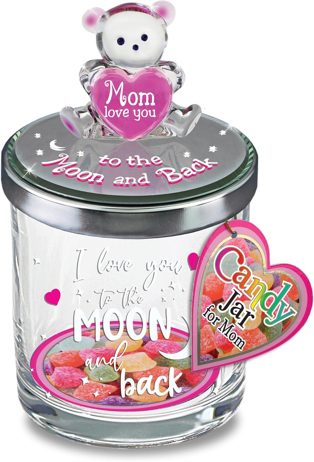 Glass Baron Trinket Jar, Mom Love You to the Moon & Back Teddy Bear – Cute Decorative Candy Jar with Beveled Lid, Airbrushed & Sandblasted Bear Figure with Heart, 5.5 inches Tall x 3.3 inches Across