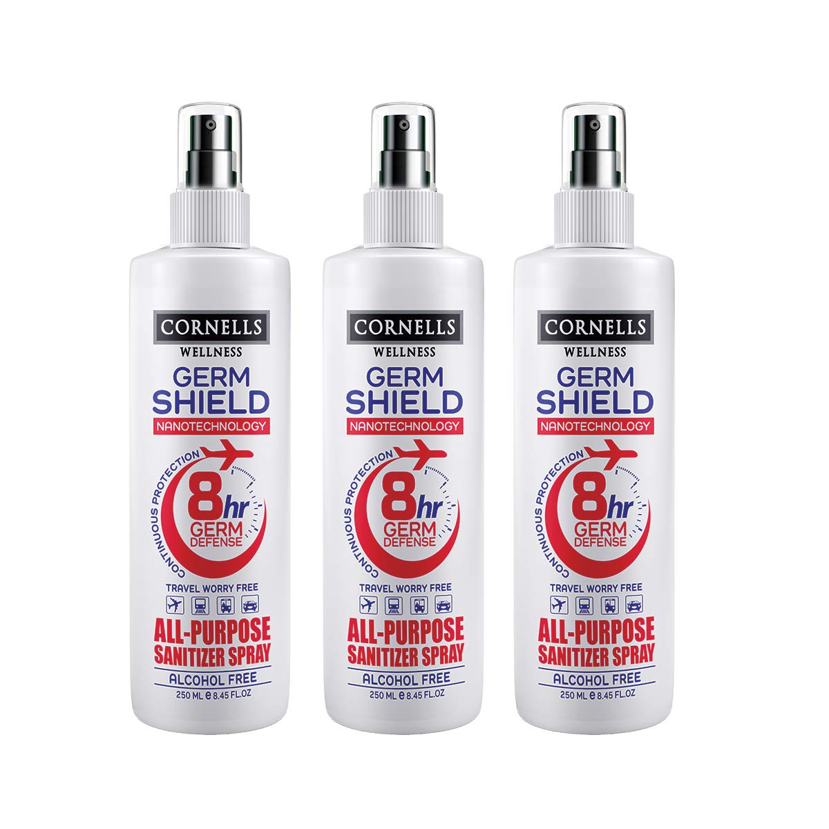 Cornells Wellness Germ Shield NanoTechnology All-Purpose Sanitizer Spray 250ML PACK OF 3, Upto 8 Hrs Continuous Protection, Alcohol-Free, Travel Worry-Free