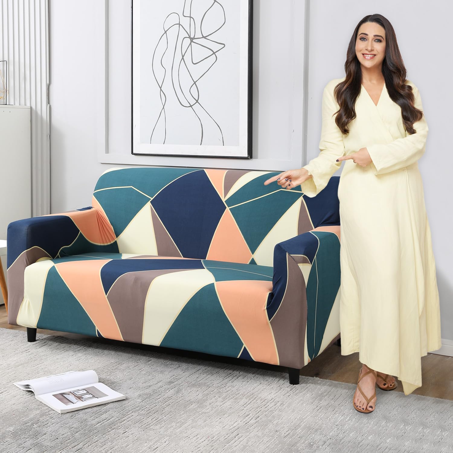 HOKIPO Sofa Cover 2 Seater Fully Covered, Green Peach Abstract