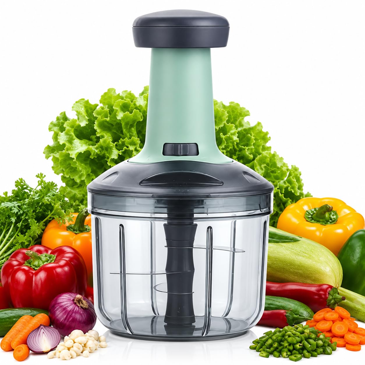 ​Sassyvilla 2-in-1 Manual Push 'N' Chop Food Chopper– Heavy Duty Vegetable Cutter & Mincer with Ultra-Sharp Stainless Steel Blades & Safety Lock – Ideal for Salad, Salsa, Chutney, Ginger Garlic Paste-image-27