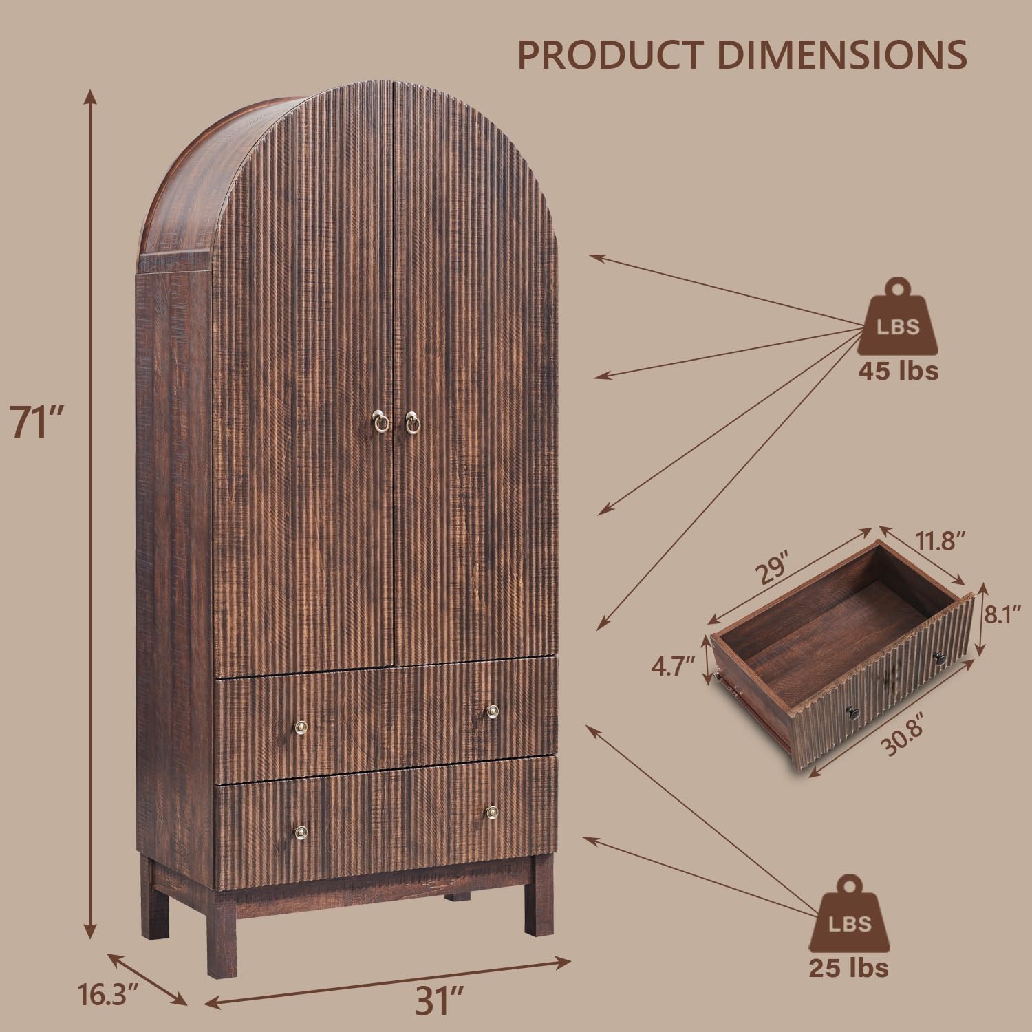 71" Tall Arched Bathroom Storage Cabinet, Modern Fluted Cabinet Storage with 4 Shlves and 2 Drawers, Floor Cabinet for Bathroom, Living Room, Kitchen, Brown