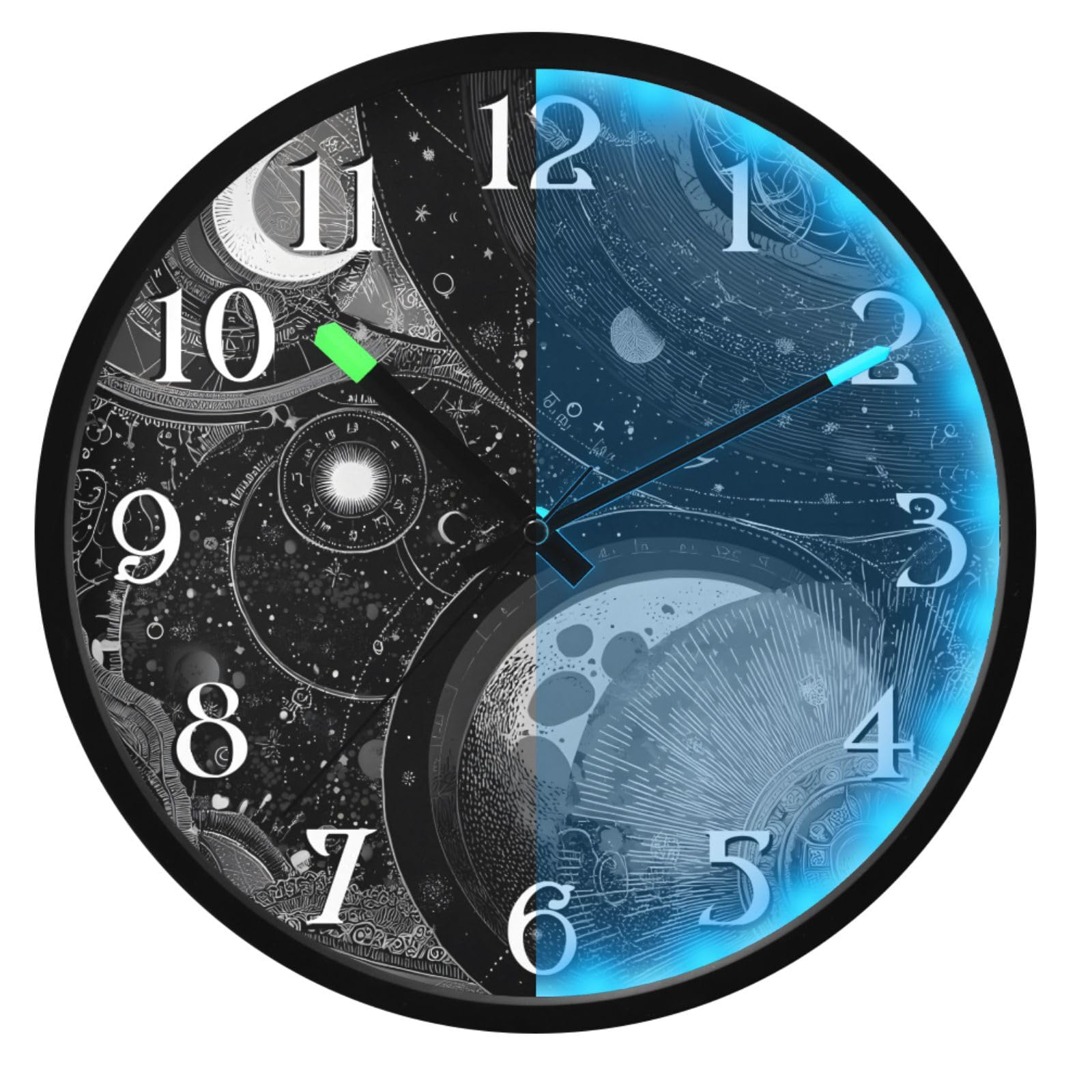 Mnsruu Reloj de pared con diseño de luna y tierra, astrología, luminoso, funciona con pilas, silencioso, brilla en la oscuridad, para sala de estar, cocina, 12 pulgadas