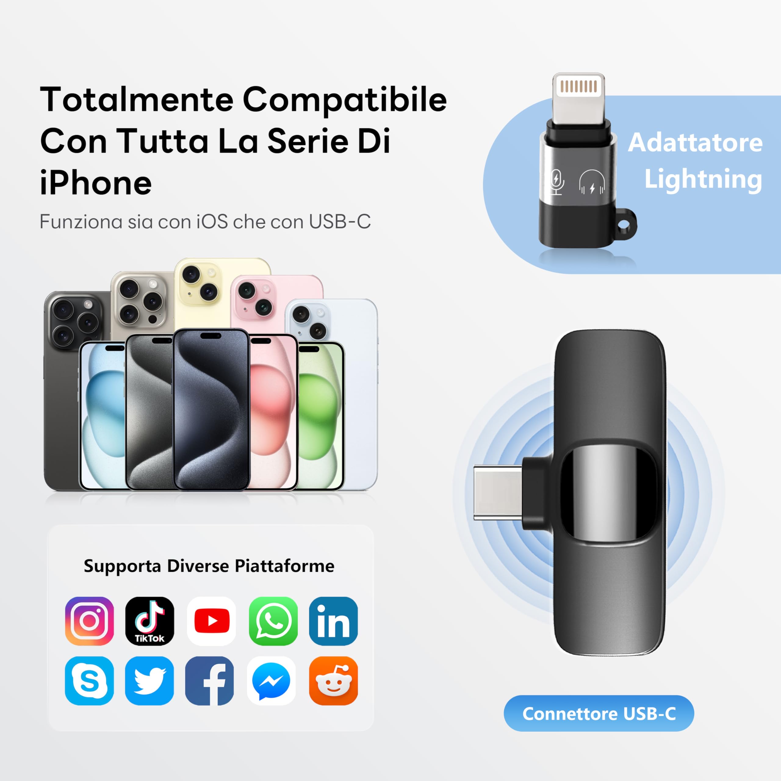 Microfono Wireless Lavalier per iPhone/Android/PC, Batteria 10 Ore, Cancellazione del Rumore, Microfono a Spillo Plug & Play per YouTube, Vlogging, Podcast, Interviste