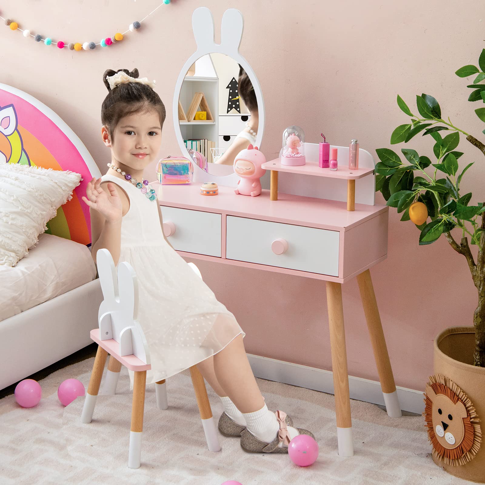 DREAMADE 2 in 1 Kinder Schminktisch mit Hocker und abnehmbarem Spiegel, Kinderschminktisch aus Holz, Prinzessin Frisiertisch Kosmetiktisch mit Schublade für Kinder Mädchen ab 3 Jahren (Weiß)