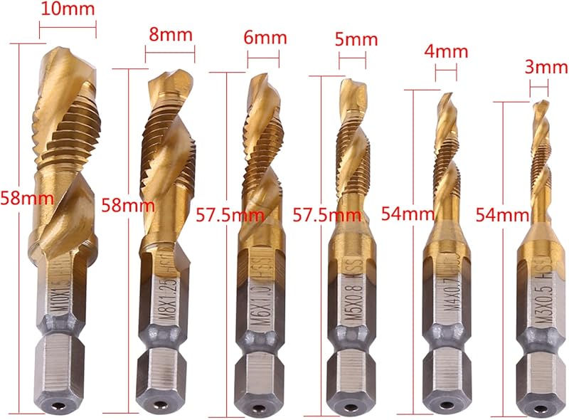 Hilitand 6 részes M3-M10 HSS menetfúró készlet, titán bevonatú, hatszögletű szárral, 1/4" méretben, fémmegmunkáláshoz