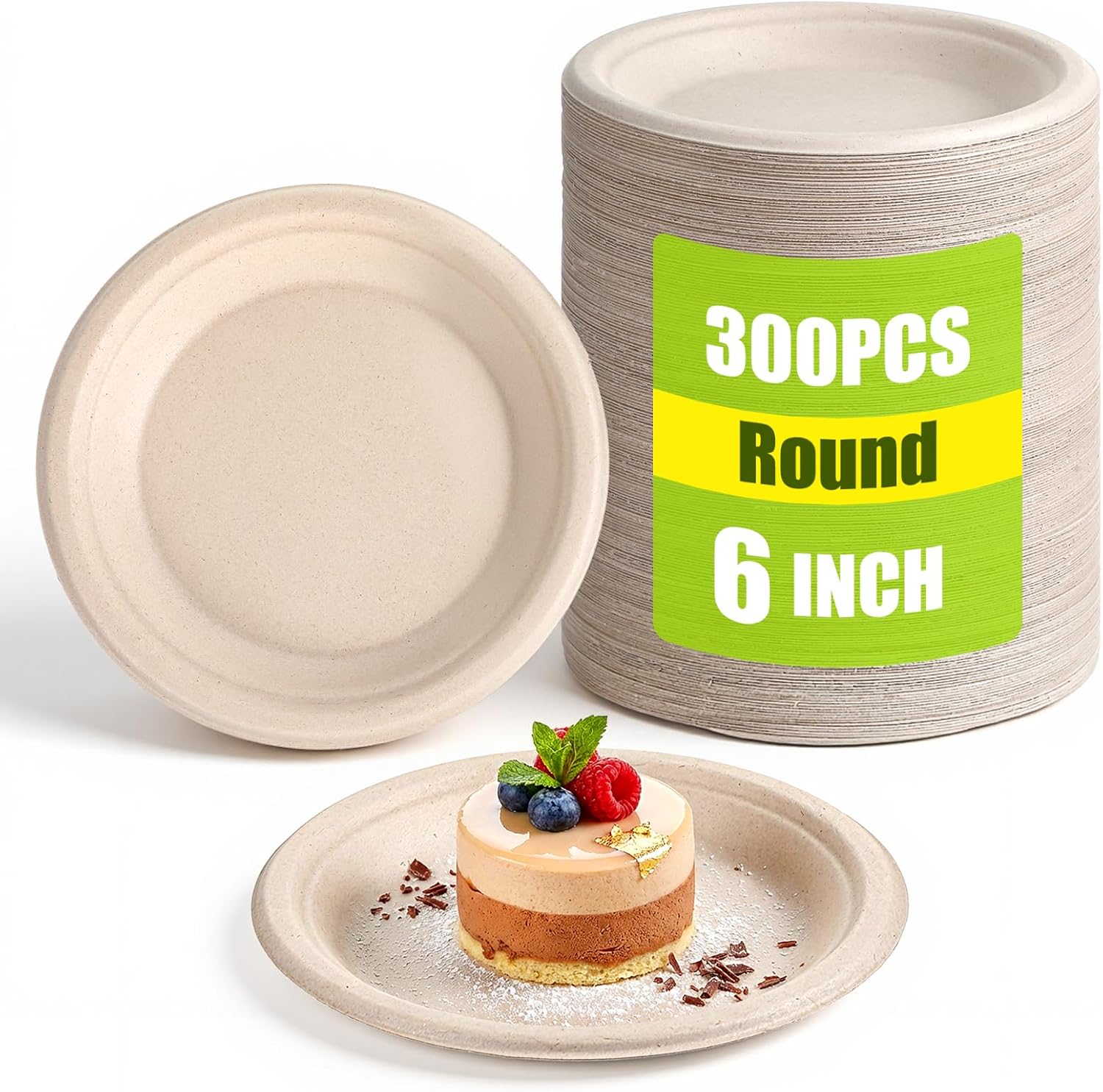 300 Pack Compostable Paper Plates Bulk 6 Inch Small Paper Plates, Disposable Compostable Dessert Plate Made from Sugarcane Fibers, Heavy-duty, White