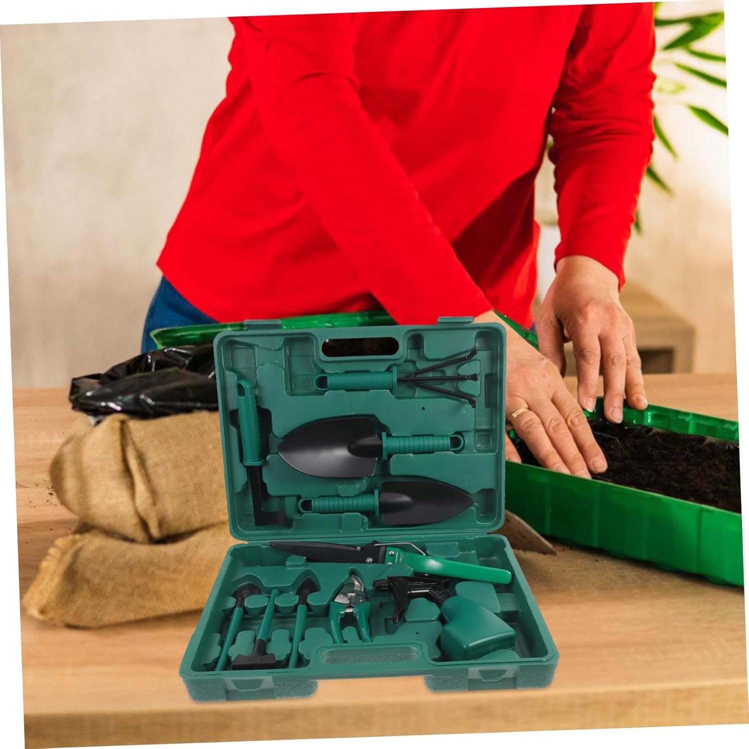 BESTonZON 1Set Portable Gardening Tool Set with Shovel Rake Shears and Sprayer Compact Storage Case for Easy Use Garden and Outdoor Planting