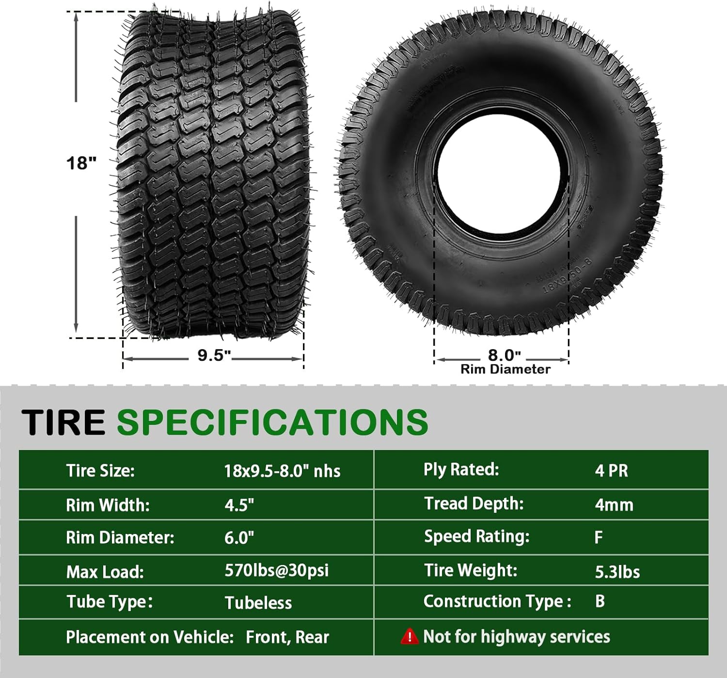 TRIPOWER 18x9.50-8 Lawn Mower Tire: for Lawn Tractor and Utility Cart & Riding Lawnmowers, 4 PR Tubeless, 1040lbs Capacity, Set of 2
