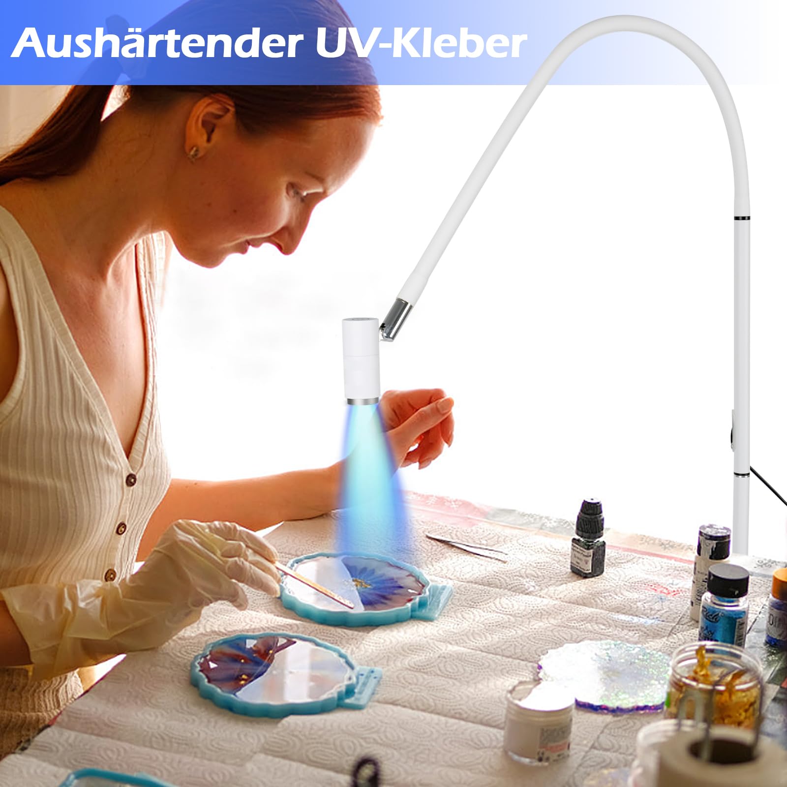 UV Wimpern Lampe, 6W UV Wimpernlampe mit Fußschalter Schutzbrille, UV Lash Lamp mit Einstellbare Punktgröße, 360° Flexibler Schwanenhals UV Licht für Gelnägel und Wimpern Aushärten (Weiß)
