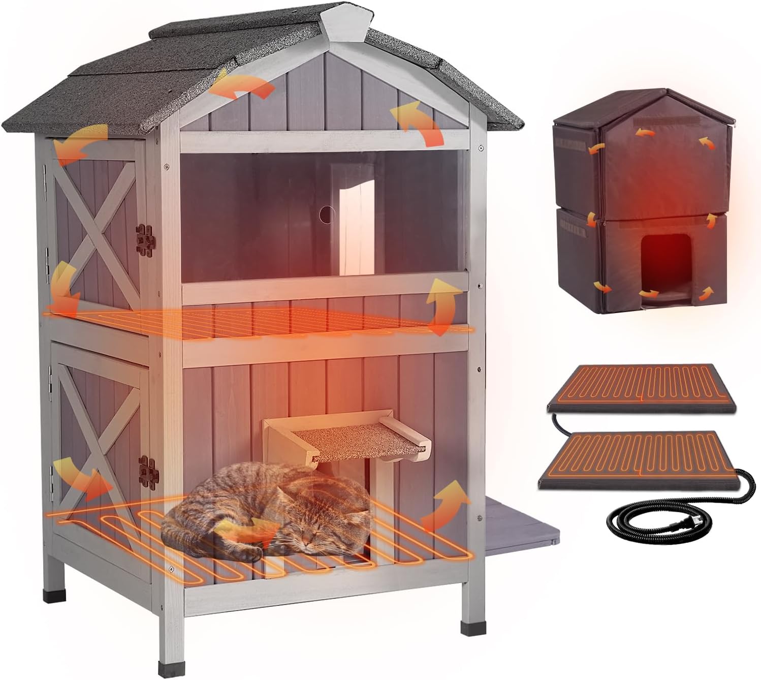 GUTINNEEN Heated Insulated Cat House for Outdoor Cats Waterproof Feral Kitty Shelter for Winter Insulation Liner Include
