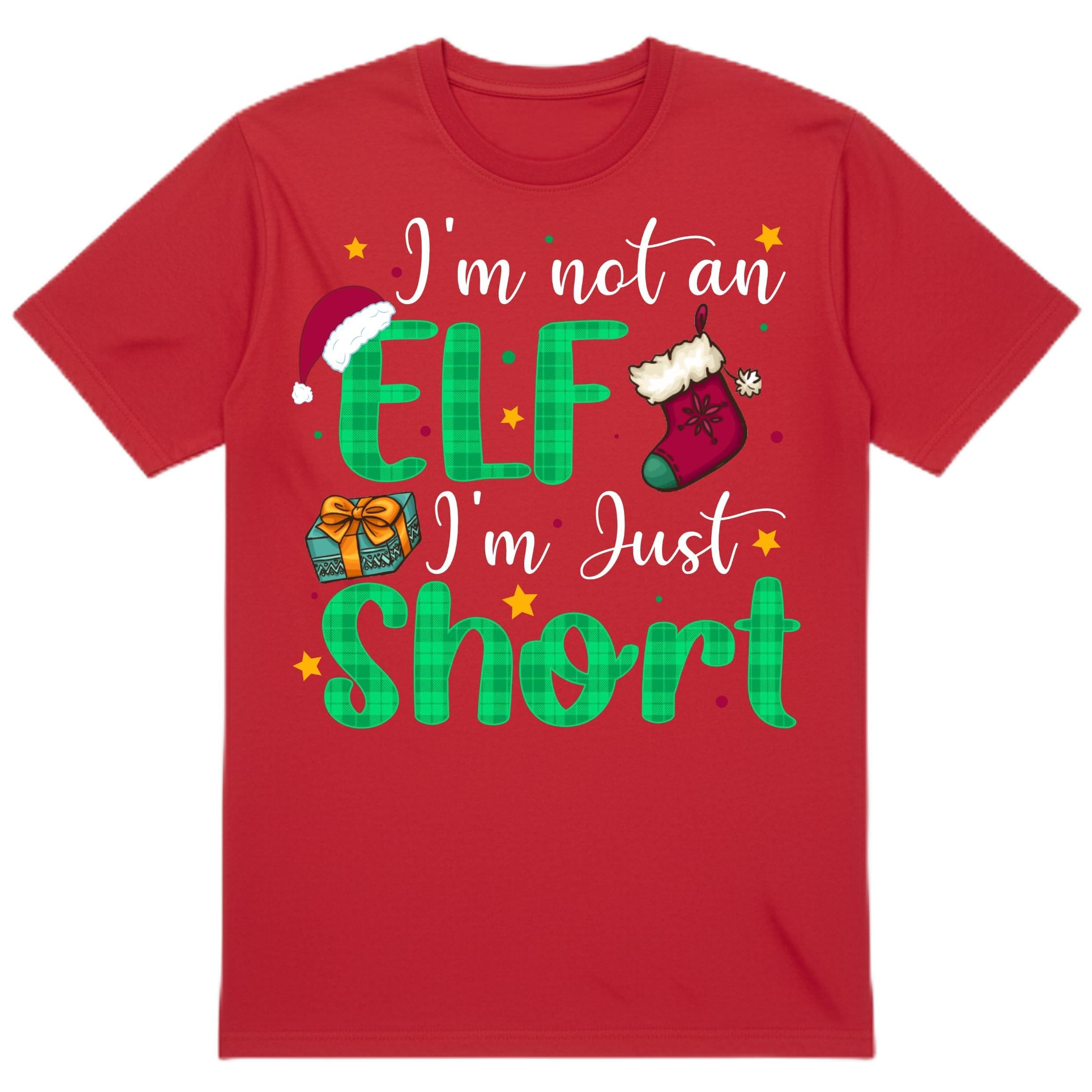 PB TECH Funny Christmas T-Shirt I'm Not an Elf I'm Just Short, Merry Christmas T-Shirt for Women and Men Unisex, Elf Xmas Gift (UK, Alpha, XL, Regular, Regular, Red)