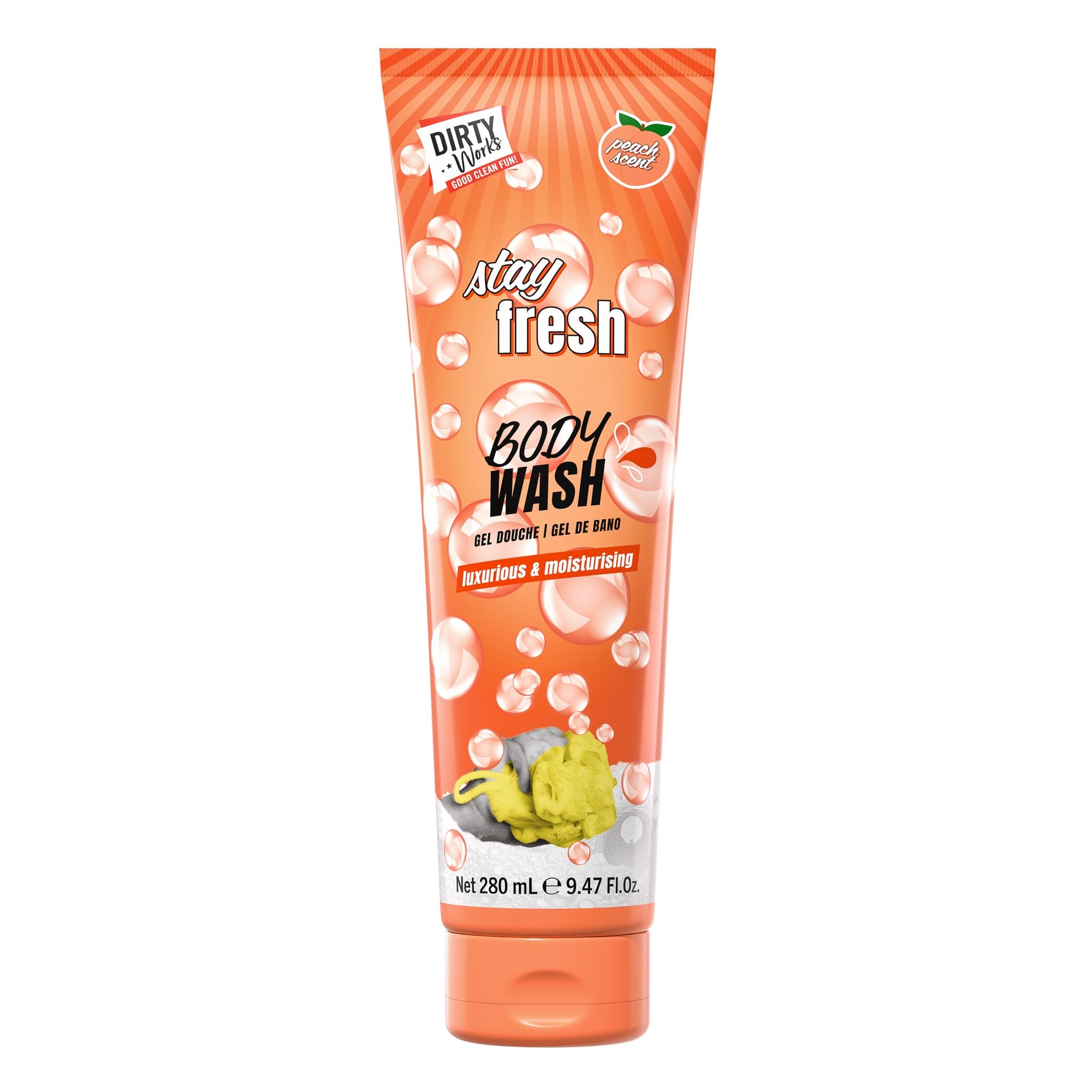 Dirty Works Stay Fresh Body Wash - Peach Scented Shower Gel for Women, Gentle Cleansing, Luxurious Lather, Invigorating Fragrance, Skin Care - 280ml