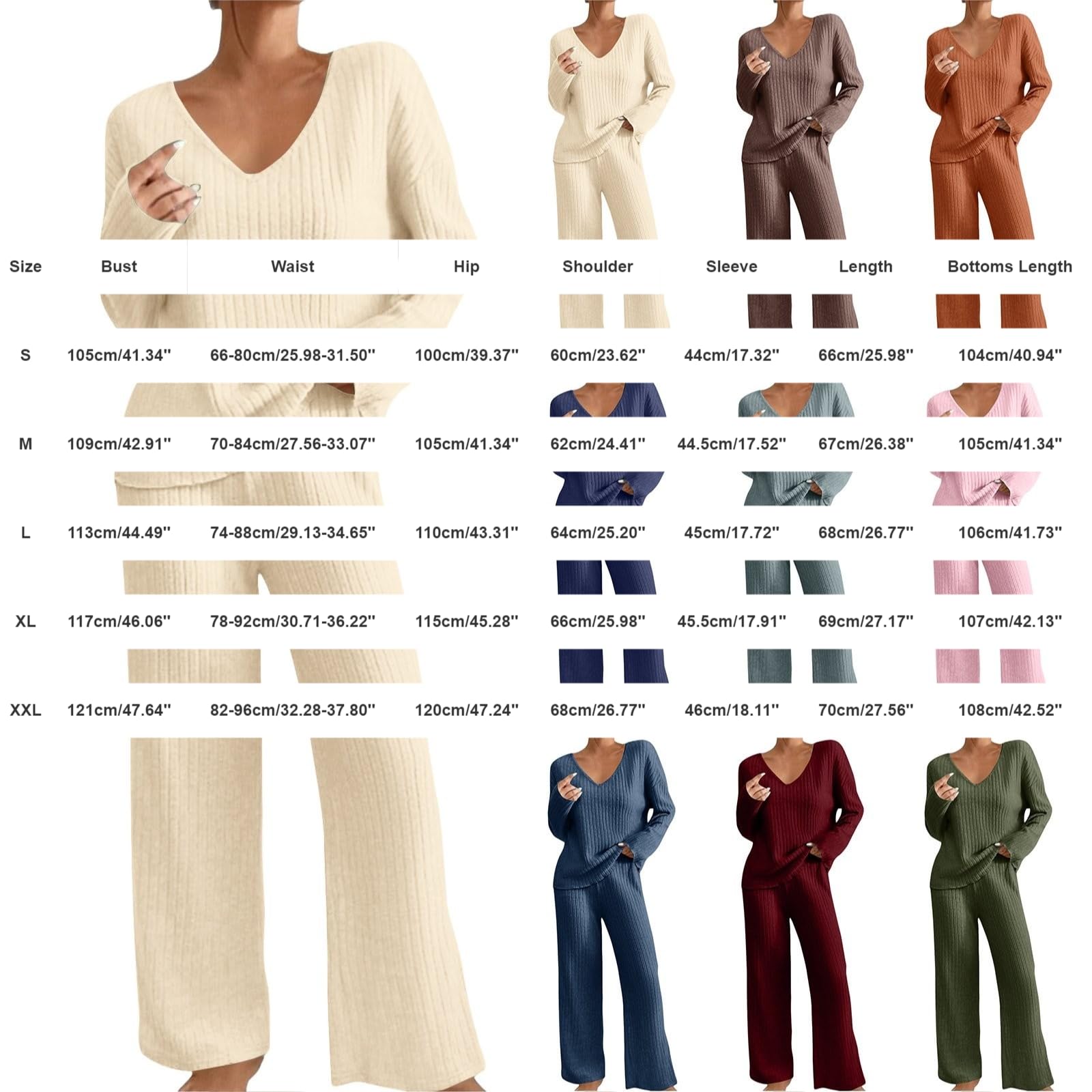 Loungewear - Conjunto de dos piezas para mujer, elegante pijama acanalado, ropa de casa, juego de pijama suelto, manga larga, cuello en V, parte superior de pierna ancha, pantalones, ropa de dormir