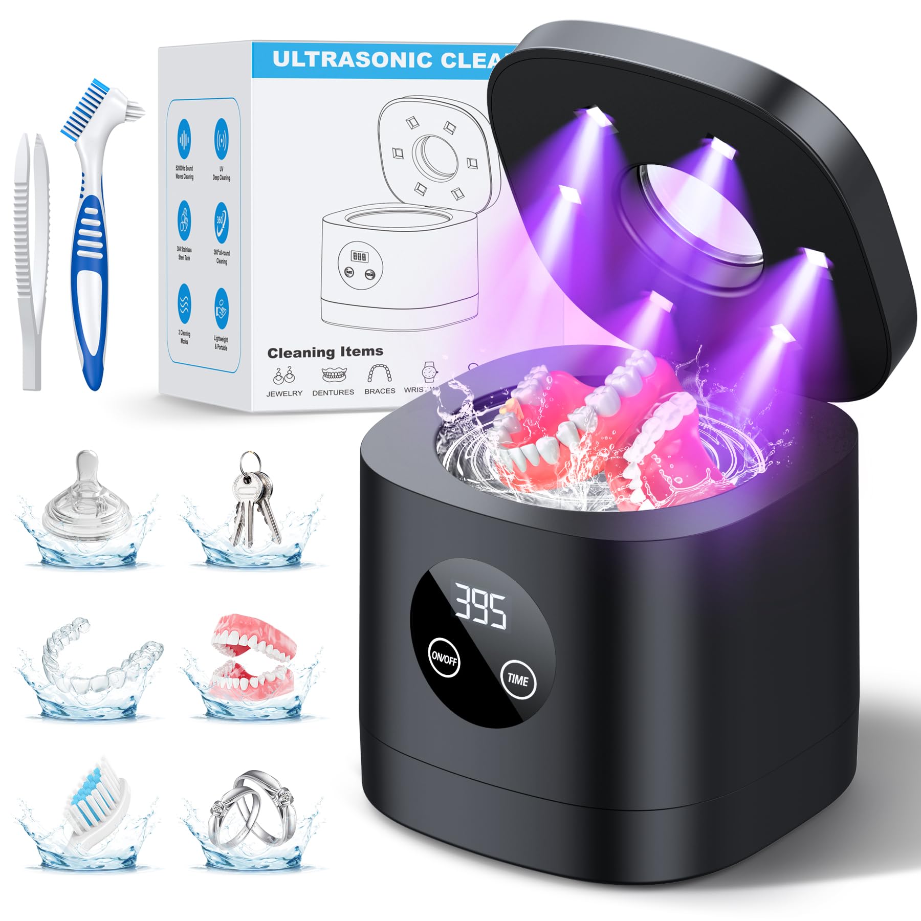 TEBAL Ultrasonic Retainer Cleaner Machine, Upgraded 52kHz Ultrasonic Denture Cleaner for Night Guards, Braces, Toothbrush Heads, Jewelry and More, Retainer Cleaner with 250ML Capacity, Black