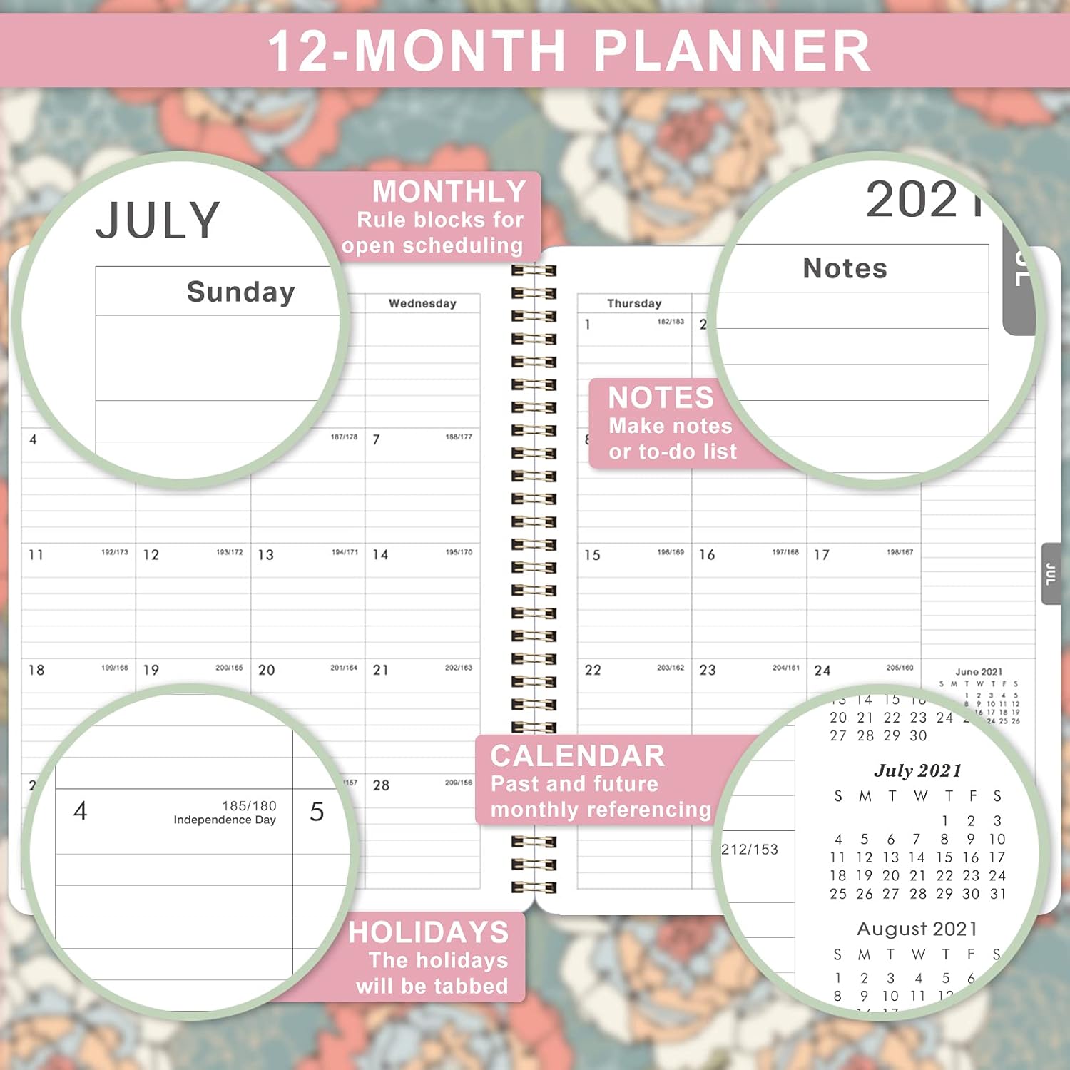 2021-2022 Planner - Academic Planner 2021-2022 Weekly & Monthly with Tabs, 8" x 10", Jul. 2021 - Jun. 2022, Hardcover with Back Pocket + Thick Paper + Twin-Wire Binding - Abstract Rose : Office Products