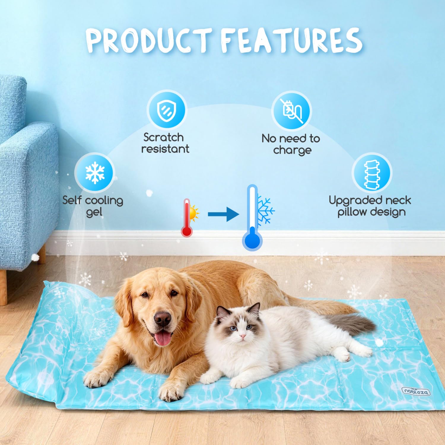 Nobleza Manta Cama Refrescante para Perros y Gatos, Alfombra Refrescante Perro Diseño con 6cm Almohada Cervical Añadida, Gel No Tóxico y Auto-Refrescante, Tela Oxford 300D Resistente, 102x50cm