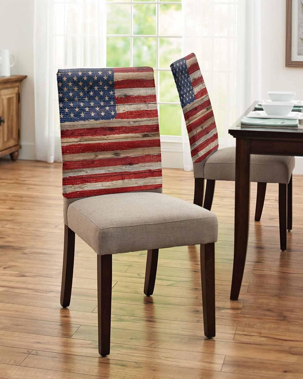 American Flag Dining Chair Back Cover 4 Packs,Blue Red Kitchen Dinner Chair Seat Covers Decorative Star Stripe Chair Slip Covers,Removable Farmhouse Wooden Slipcovers Protect for Dinning Room