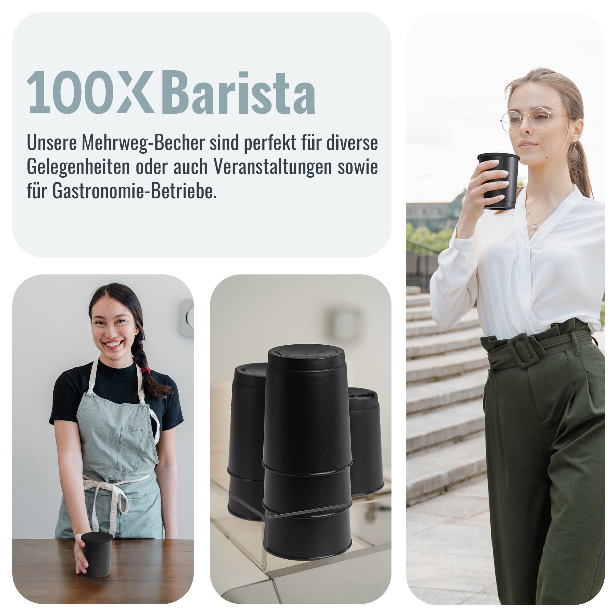 achilles Kaffeebecher mit Deckel, Kunststoffbecher, Mehrwegbecher, Trinkbecher, LFGB geprüft, spülmaschinenfest, stapelbar, 330 ml, Becher schwarz, Deckel schwarz, 100 Stk.