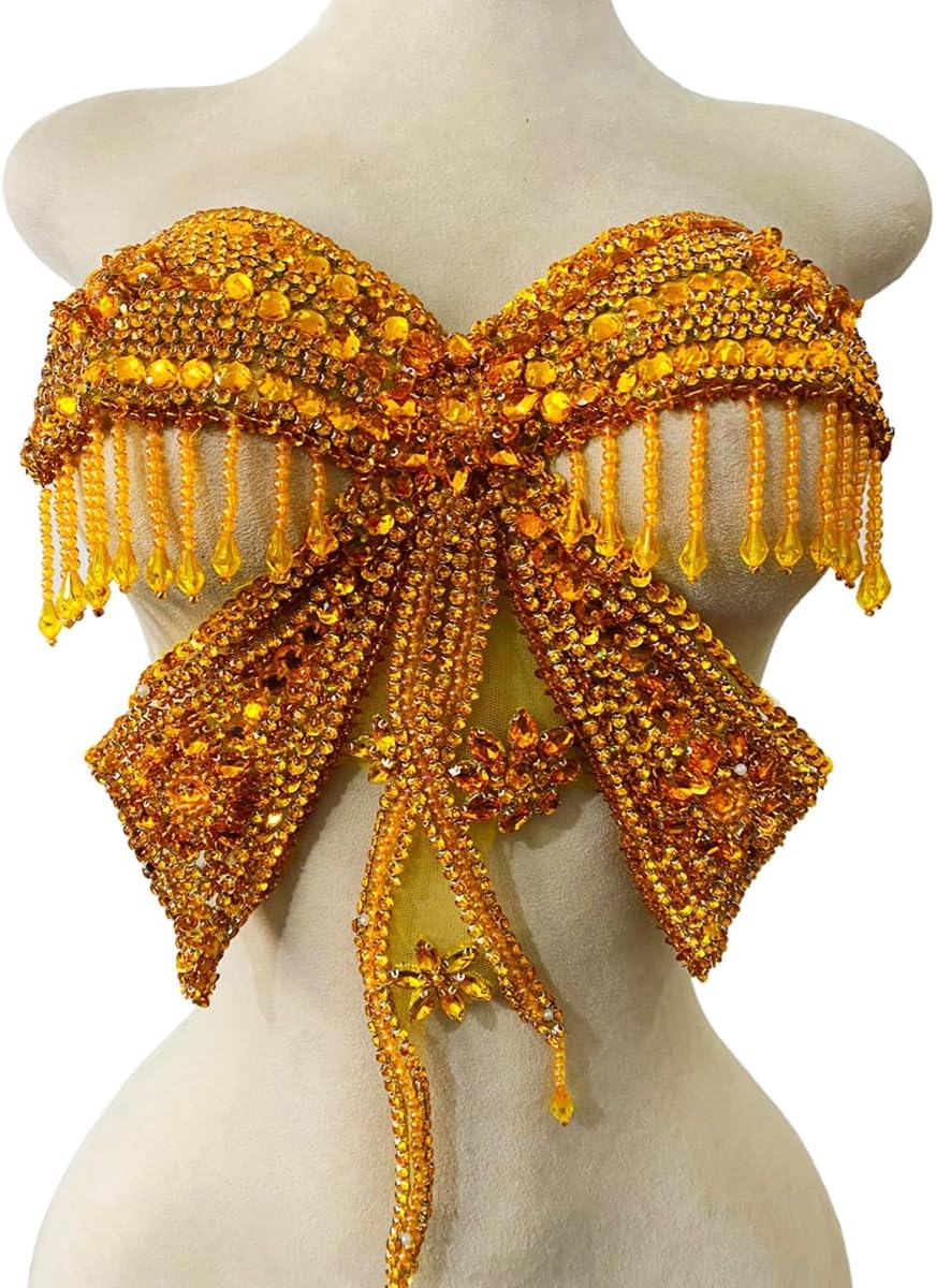 Butterfly Shape Bodysuit Applique Pure Hand-Stitched Beads and Crystal Patches Creative Tassels Shiny Dress Decorative Accessories (Pink)