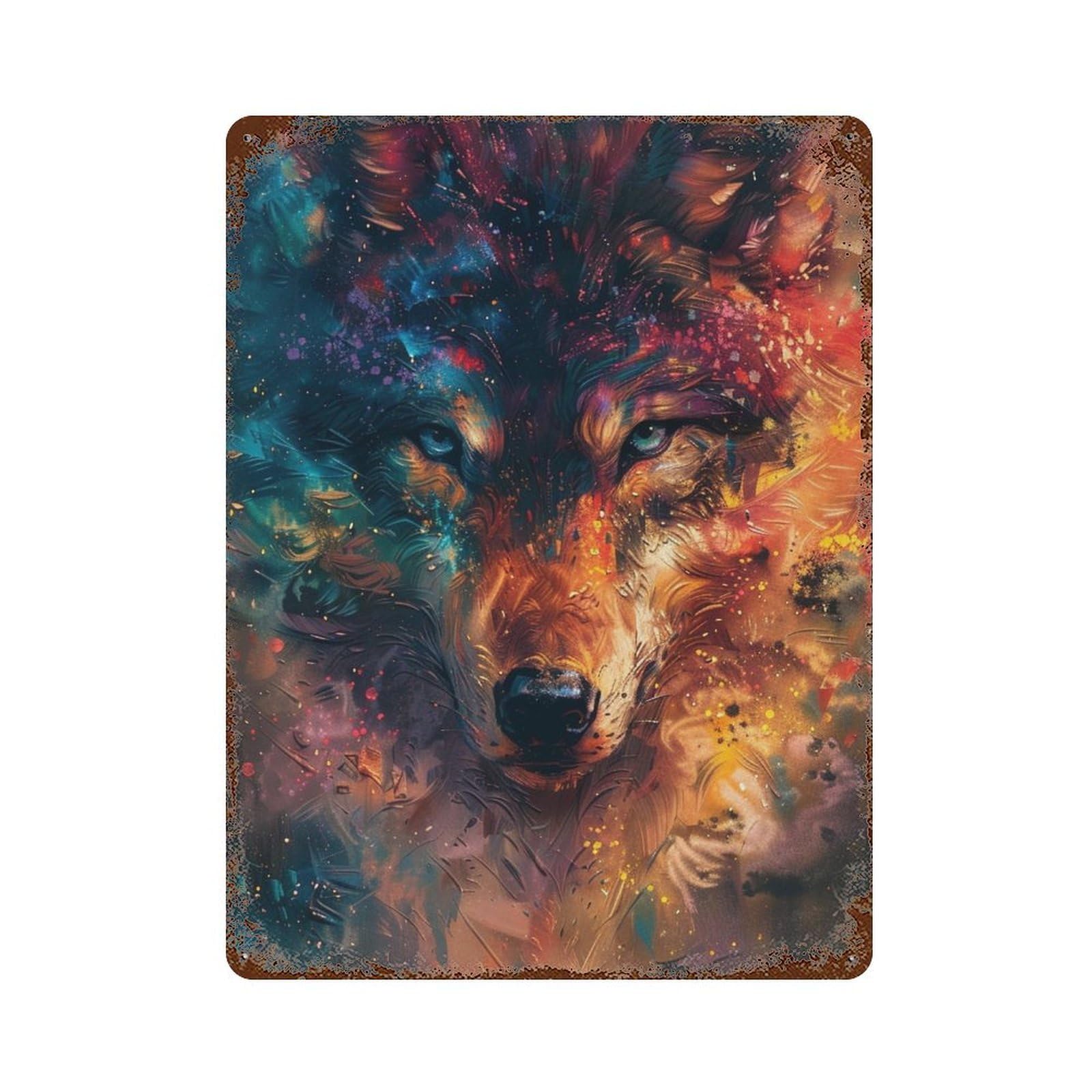 Colorful Wolf Art Print-14 Rusty Metal Tin Sign 15.7"x11.8", Shabby Chic Decor for Garage, Bar And Workshop Decor