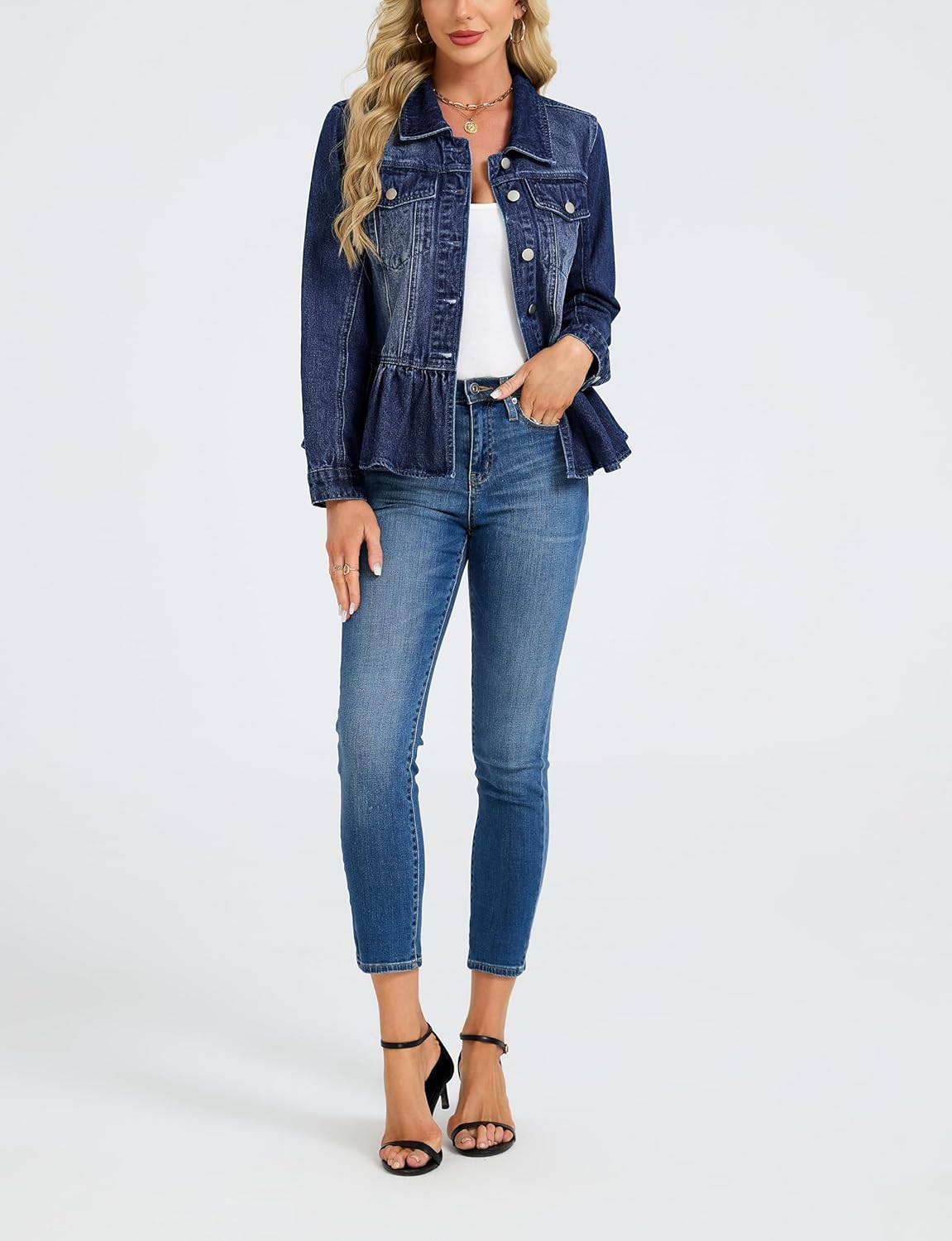 Ladyful Ruffle Hem Denim Jacket for Women Trendy Long Sleeve Button Up Jean Coat Outerwear - Image 3