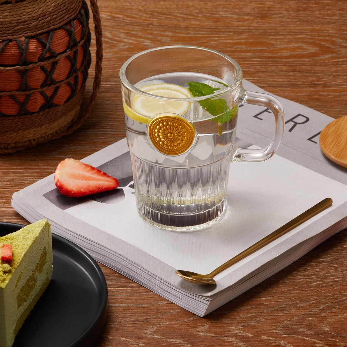 Vintage Glass Coffee Mugs Set of 2, 15oz Embossed Glass Coffee Cups with Bamboo Lids and Spoons, Handmade Clear Tea Cups with Handle and Gift Box - for Cappuccino, Latte, Milk - Image 3