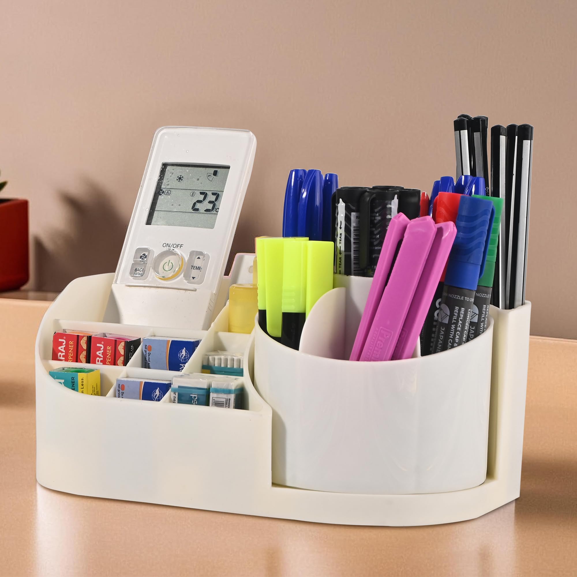 Kuber Industries Aesthetic 360 Degree Rotating Stationery Desk Organiser for Office Table | Stylish Study Room Accessories for Students | Table Organiser, Pen Stand & Holder | Off White-image-14