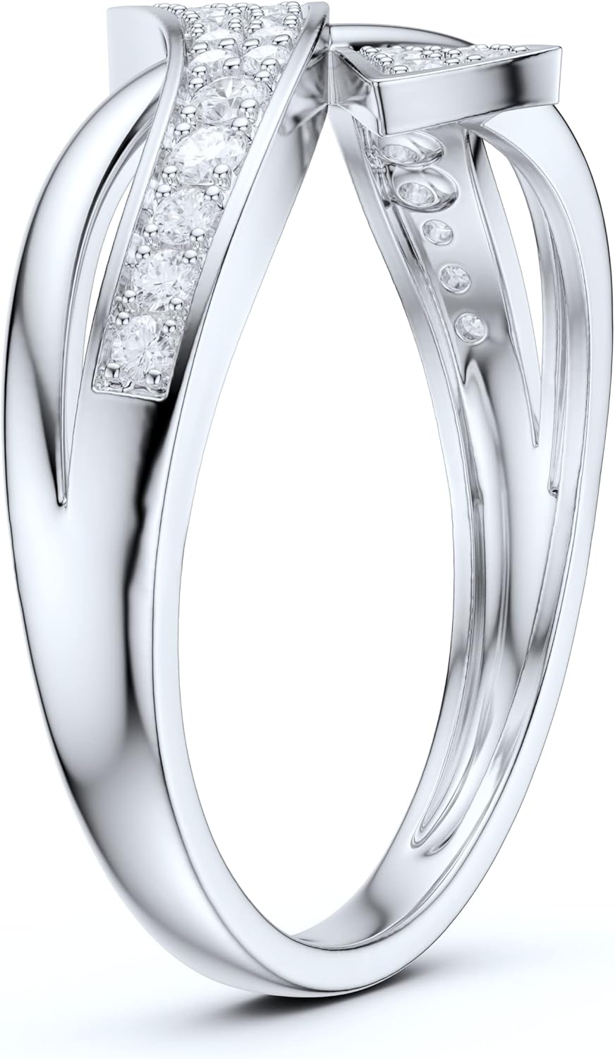 Solid 14k White Gold Romantic Criss-Cross Split Shank Simulated Diamond or Genuine Moissanite Promise Ring Wedding Band