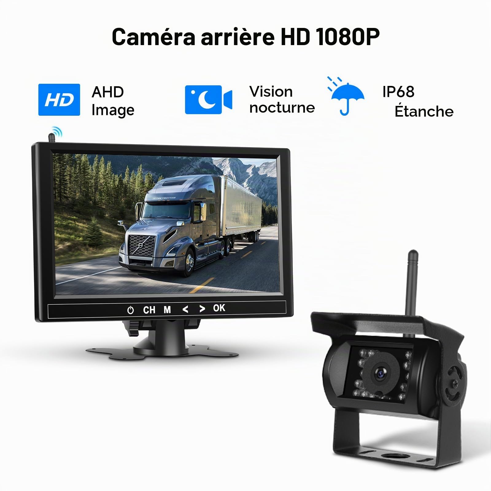 Kit de 4 caméras arrière sans Fil 1080P HD, Podofo Moniteur LCD 9 Pouces avec 4 caméras de recul pour remorque RV Camper Camion Voiture Bus, détection des Angles Morts, Lignes de Guidage, 12V-36V