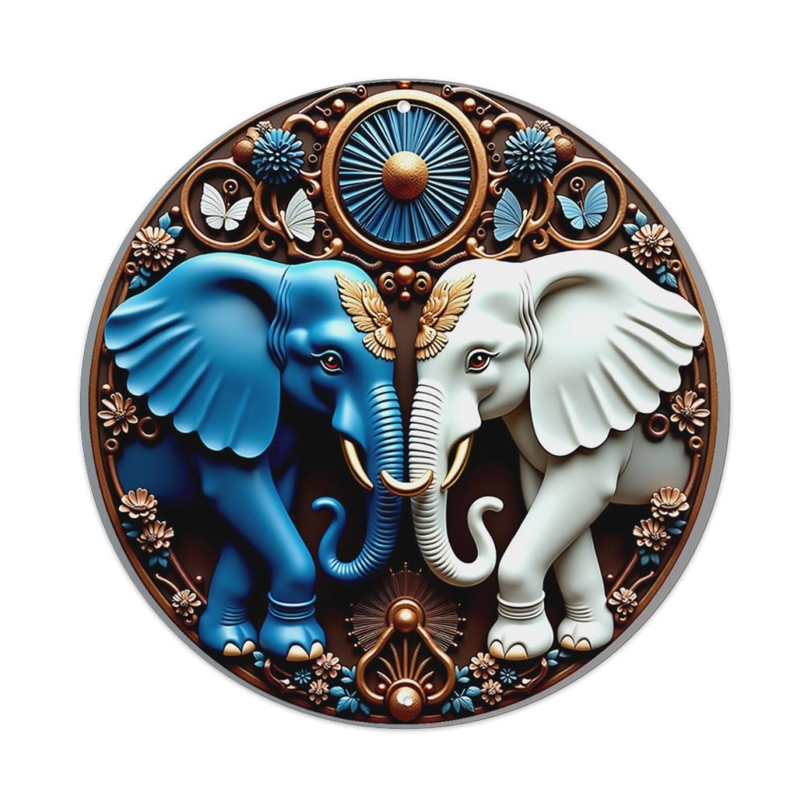Elephant Pair Floral Ornament Design Round Metal Tin Sign Vintage Wall Decor, Bar Garage Cafe Kitchen Home Wall Art Poster 8x8inches