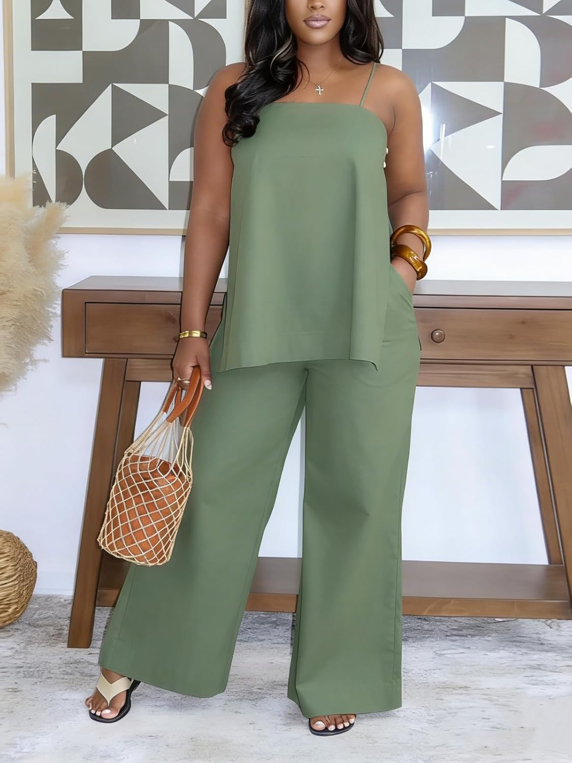 Lucuna Linen Sets for Women 2 Piece Spaghetti Strap Tank Top Wide Leg Pants Sets Summer Vacation Outfits
